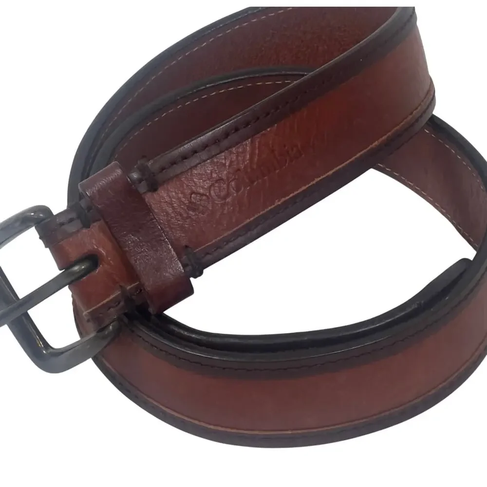 Columbia Belt Brown Leather with Dark Brown Trim Western Med 34-36 Metal Buckle